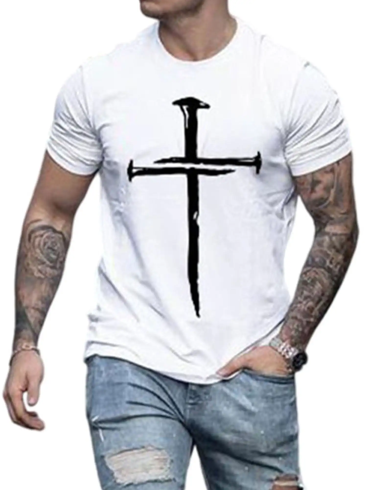 

Men's Casual T-Shirts Vintage Faith Jesus Cross Print Short Sleeve Shirts