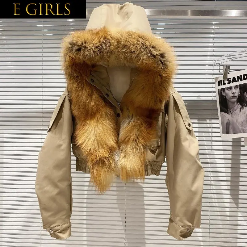 

J GIRLS 2022 Winter New Long Sleeve Removable Real Fox Fur Hooded Wool Liner Short Jacket Women Crop Coat GC104