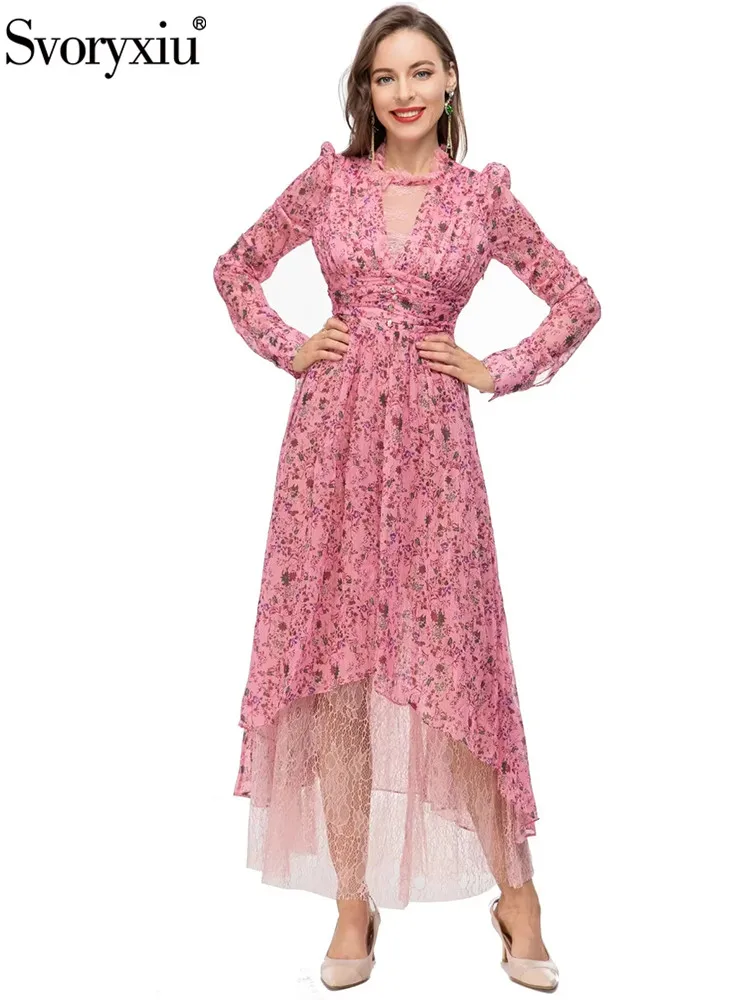 

Svoryxiu High Quality Runway Fashion Summer Vintage Gorgeous Print Midi Dress Women Lantern Sleeve Lace Elastic Waist Slim Dress