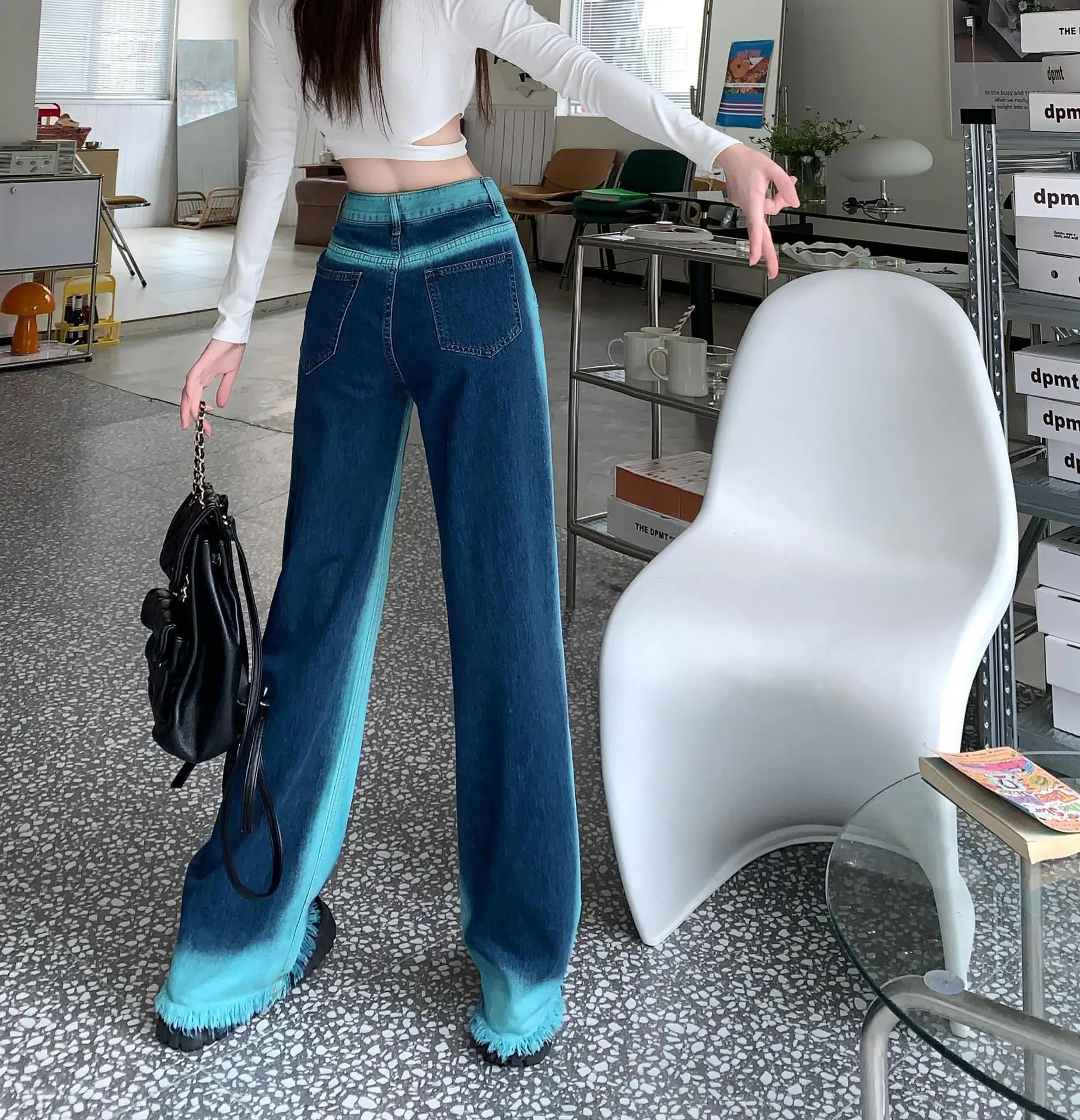 Fashionable Retro Striped Green Women Jeans 2023 Summer New Korean Harajuku High Waisted Casual Loose Straight Trousers Street