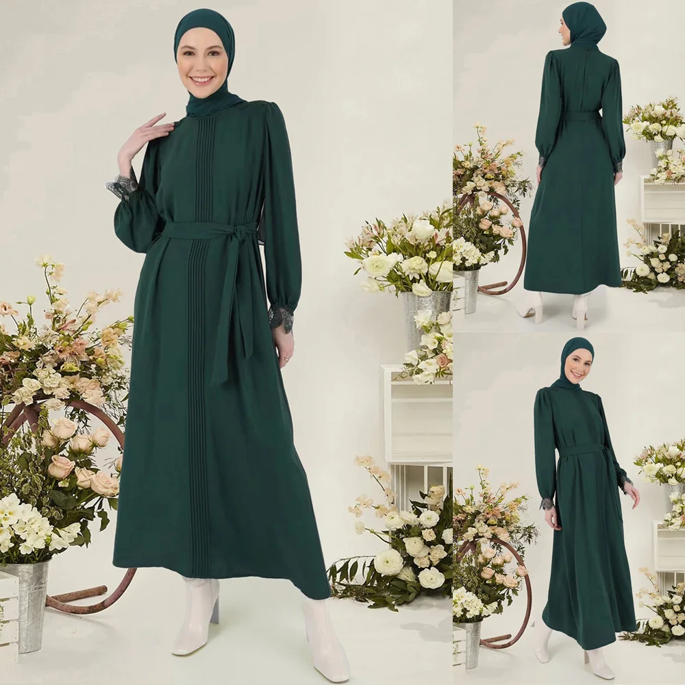 

Vintage Long Sleeve Muslim Abaya Sundress Women Autumn Hijab Dress Lace Cuff Robe Femme Casual Ramadan Turkey Vestidos Islamic