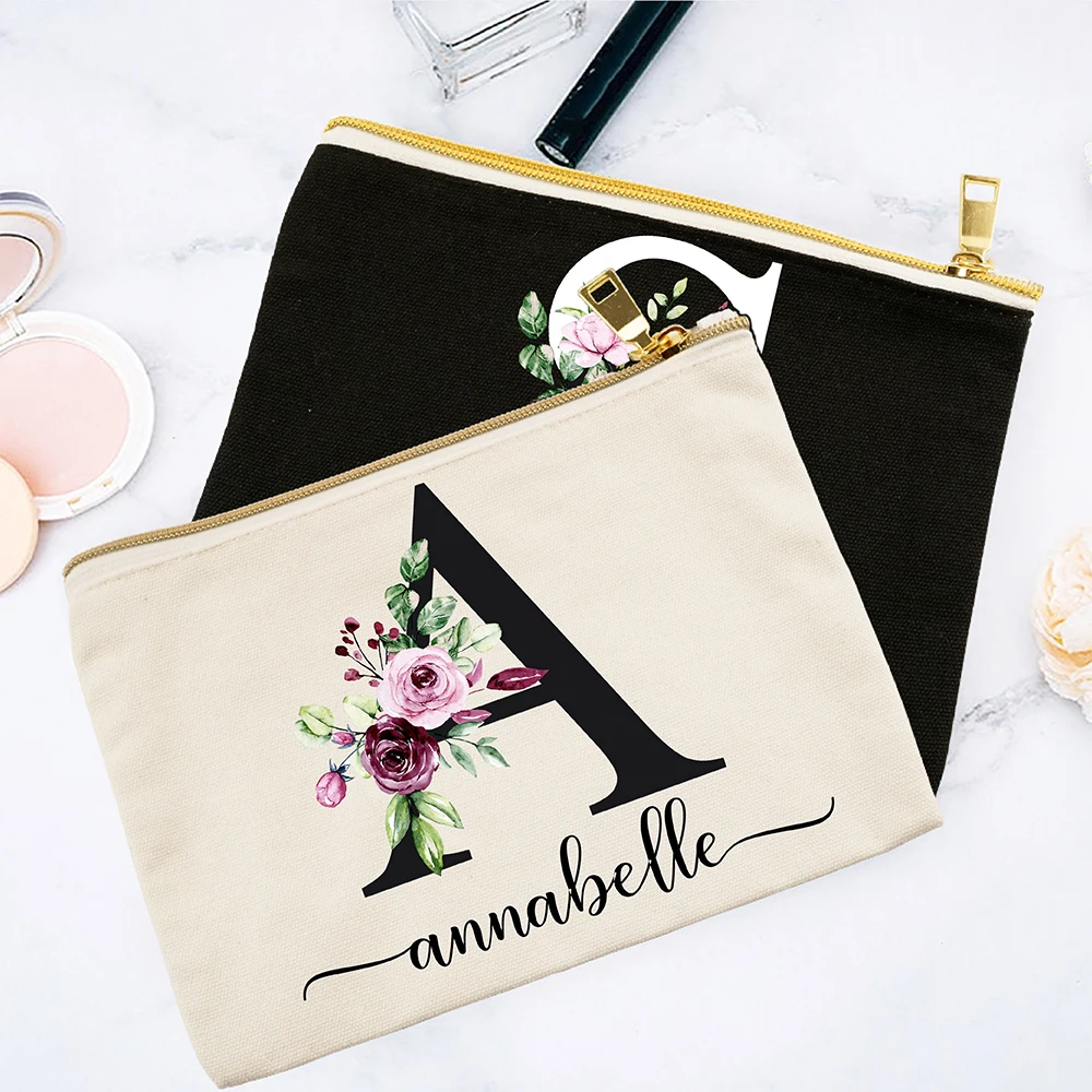 

Personalized Name Women Makeup Bag Black Alphabet Flower Canvas Cosmetic Cases Handbag Custom Name Travel Party Wedding Gifts