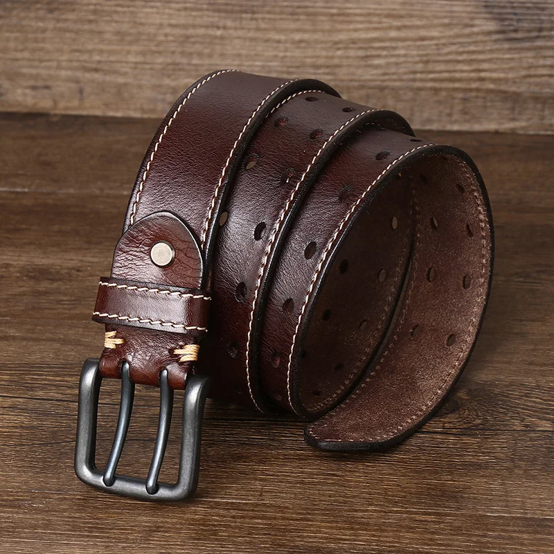 3.8cm Wide Vintage Men's Belt Cowhide Genuine Leather Belt Copper Double Needle Buckle Handmade Jeans Belt Fashion Male Strap