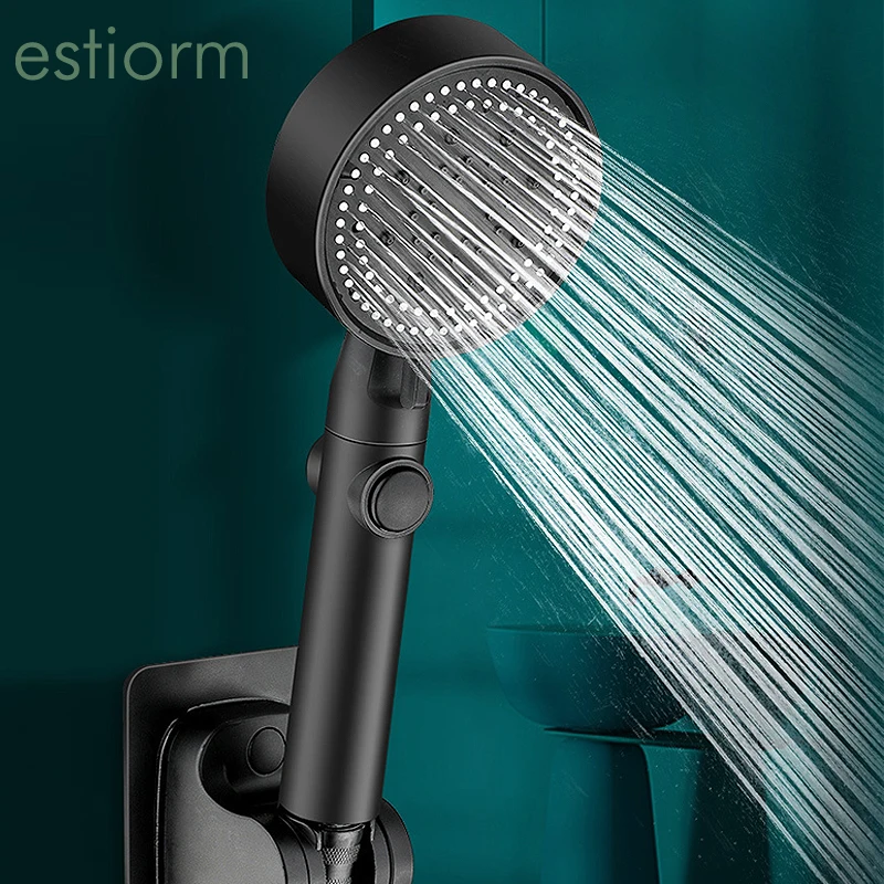 

High Pressure Shower Head with Button,5 Modes Adjustable Water Saving One Key Stop Water Black Bathroom Hand Held Jet Shower