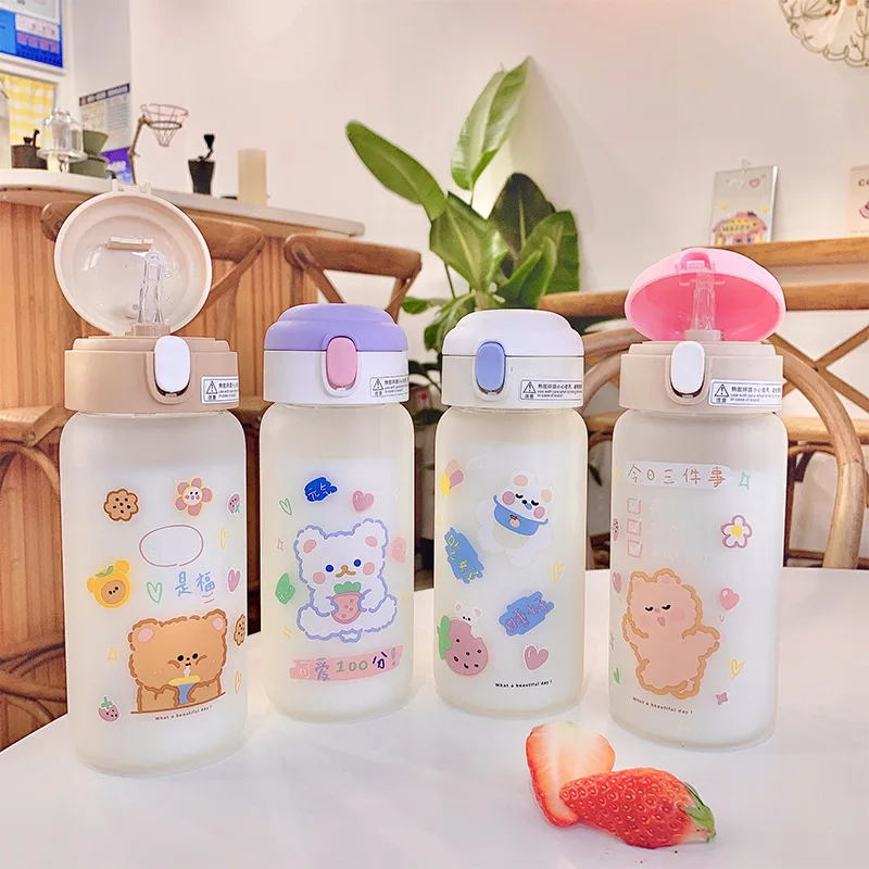 

Cute Kawaii Frosted Sippy Glass Water Bottle Korean Cartoon Bounce Cover Cups Portable Leakproof Girl Straw Water Cup For Kids