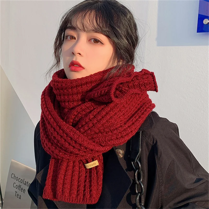 

Зимний шарф для женщин новый корейский шерстяной шарф для влюбленных для мужчин и женщин утолщенные теплые студенческие однотонные вязаные шарфы в сеточку красного цвета нагрудник
