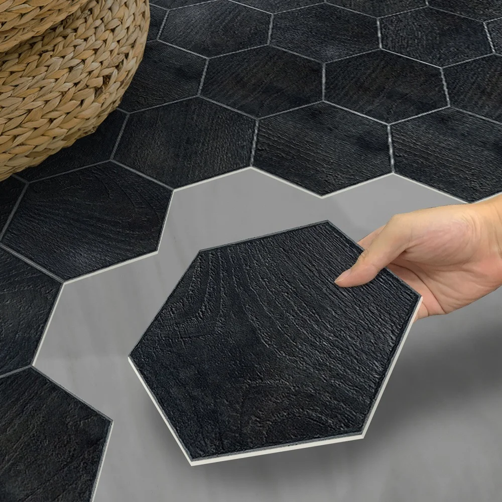 

5/10Pcs Dark Wood Grain Hexagonal Peel and Stick PVC Foam Floor Stickers Self-adhesive Anti-slip Wear-resistant Floor Stickers