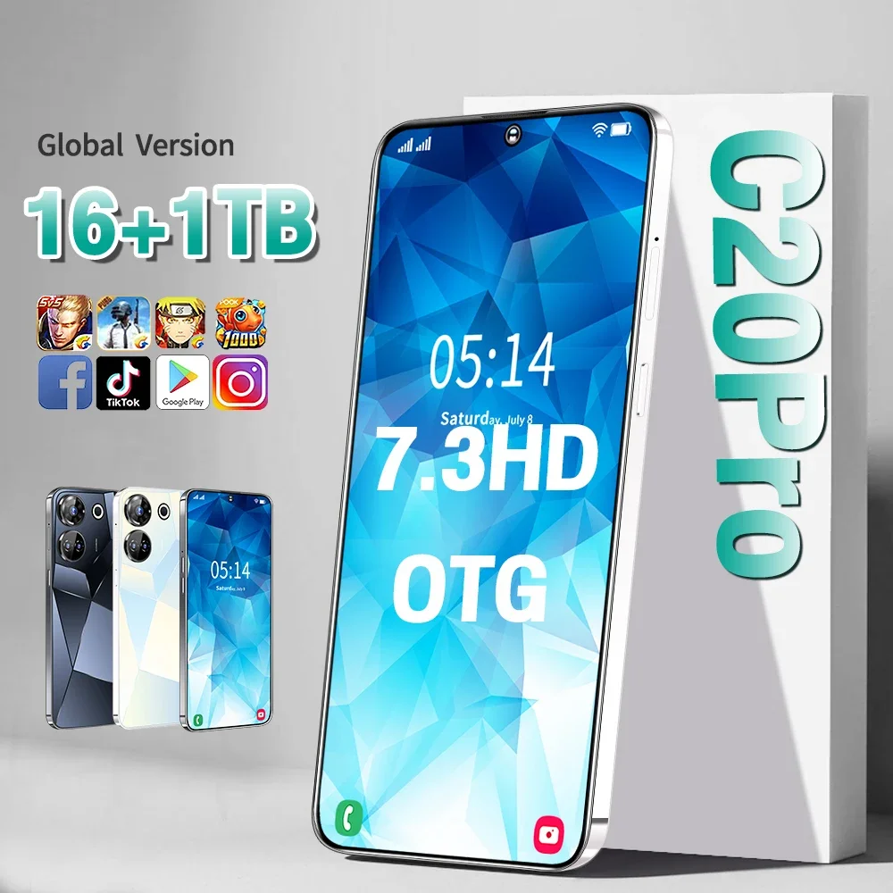 

Global C20 Pro Smartphone Original 7.3 HD Screen16GB+1TB 5G Dual Sim Android13 8000mAh 108MP Face Unlocked with NFC Mobile Phone