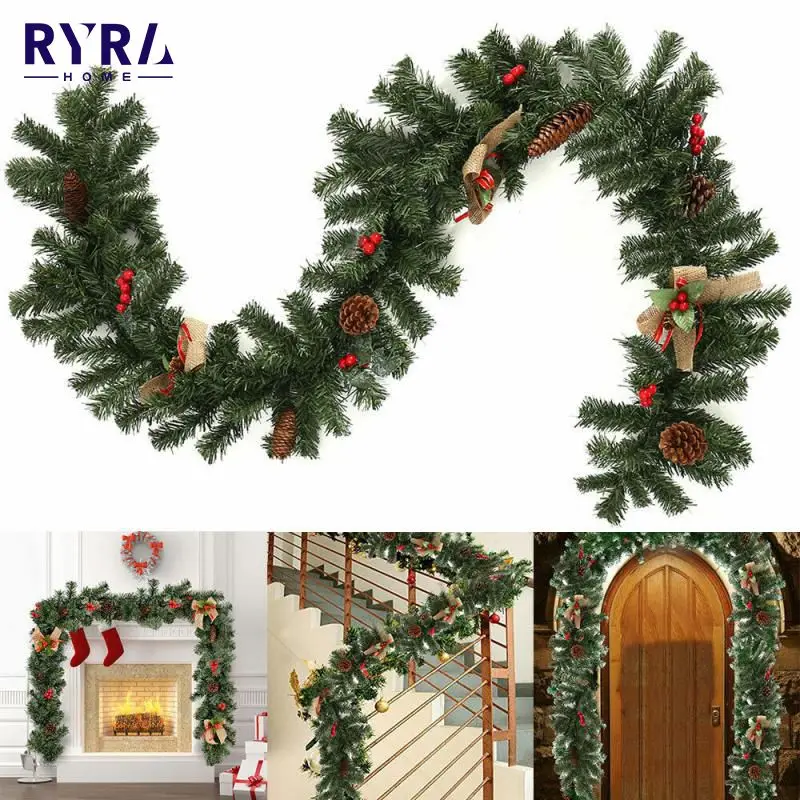 

1.8m Christmas Wreath Decorative Door Fireplace Wreath Bow Mixed With Pine Cane Christmas Supplies Decor For Home Happy New Year