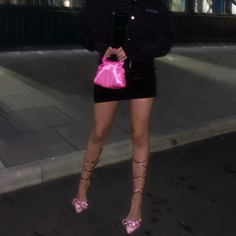 2022 New European and American Large Size Apricot Pink Gold Rhinestone Bow Transparent Stiletto Heel Strap Sandals Women Heels