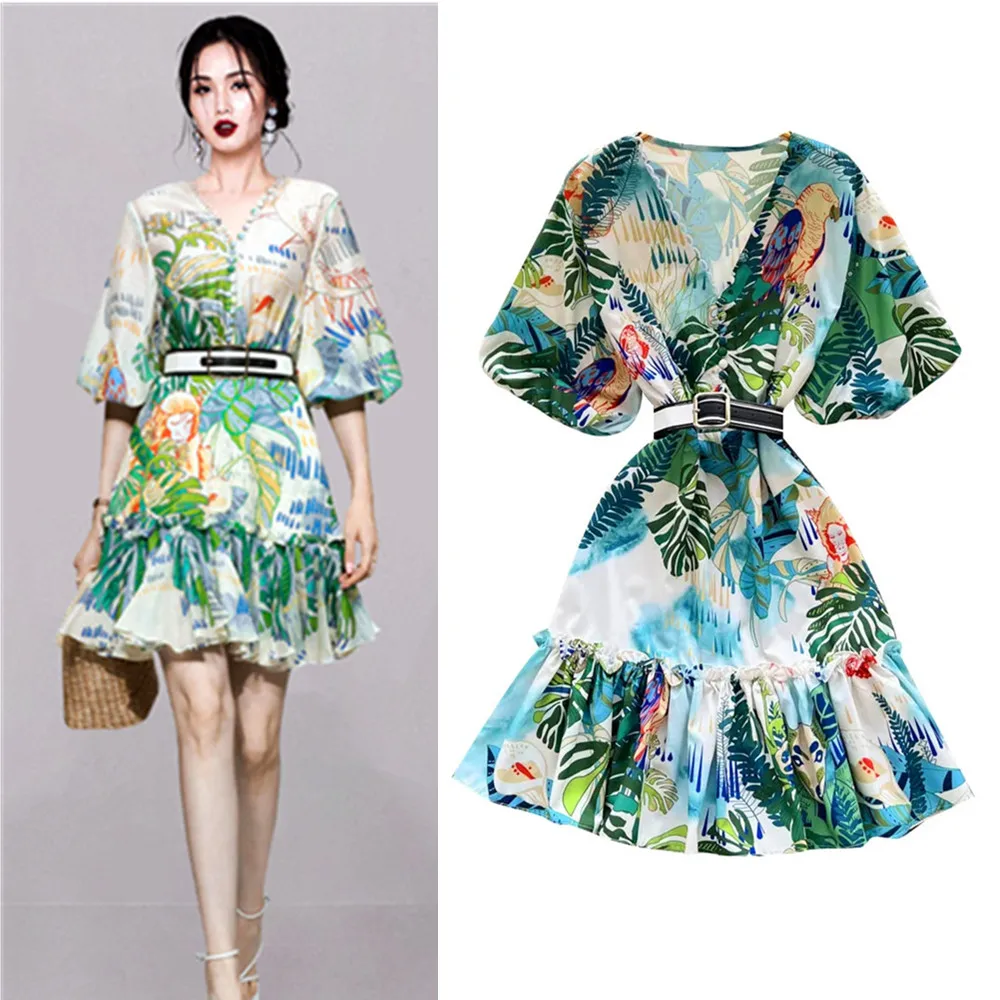 

With Belt Runway Summer Spring Vintage Print Dresses Women V Neck Lantern Short Sleeve Elegant Party Ruffles Dresses NS158