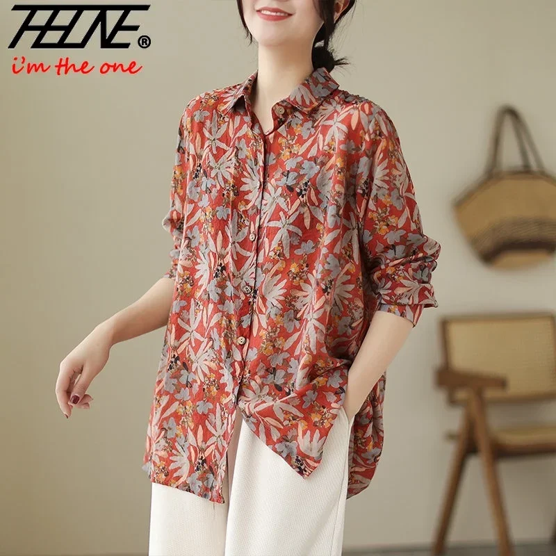 Блузка женская с длинным рукавом из хлопка и льна