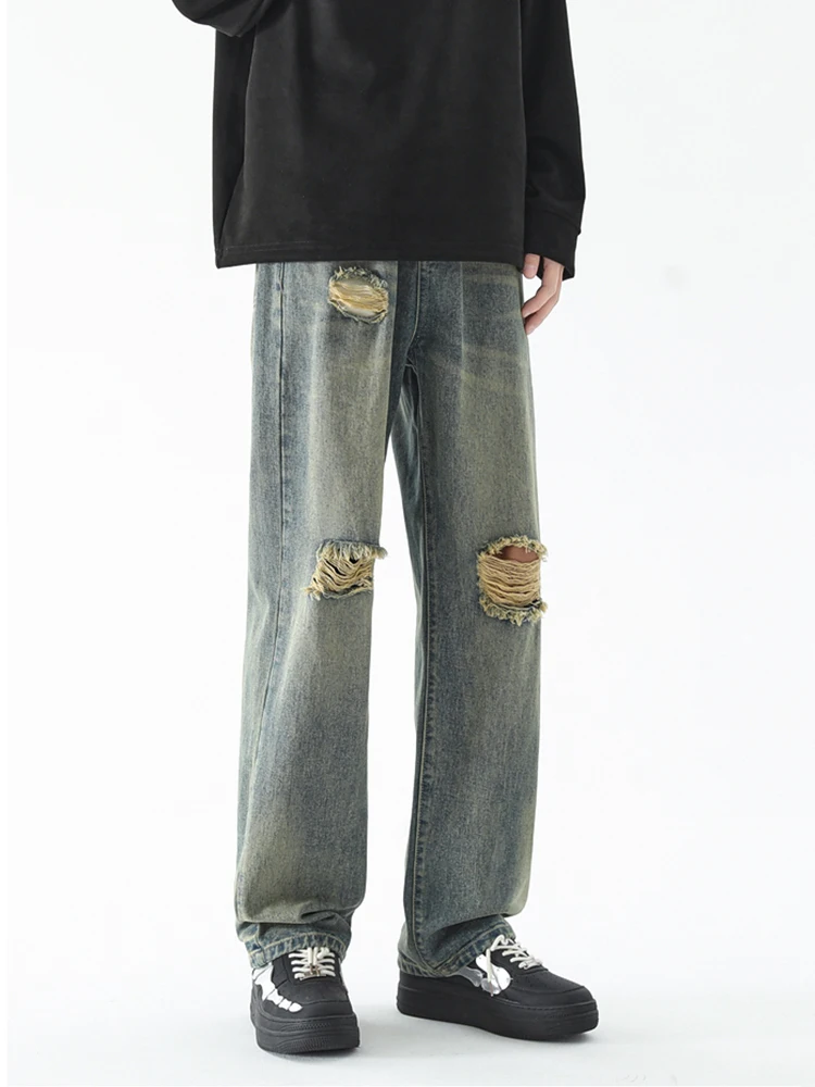 Vintage Street Distressed Loose Fit Jeans For Men Y2k High Street Popular Wide Leg Men Pants Hiphop Floor Sweeper Casual Pant
