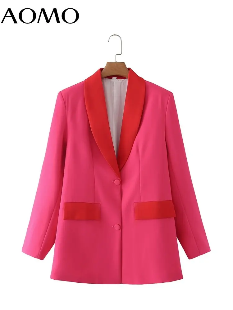 

AOMO Women 2022 Office Wear Color Block Blazer Coat Vintage Long Sleeve Female Outerwear DA33A