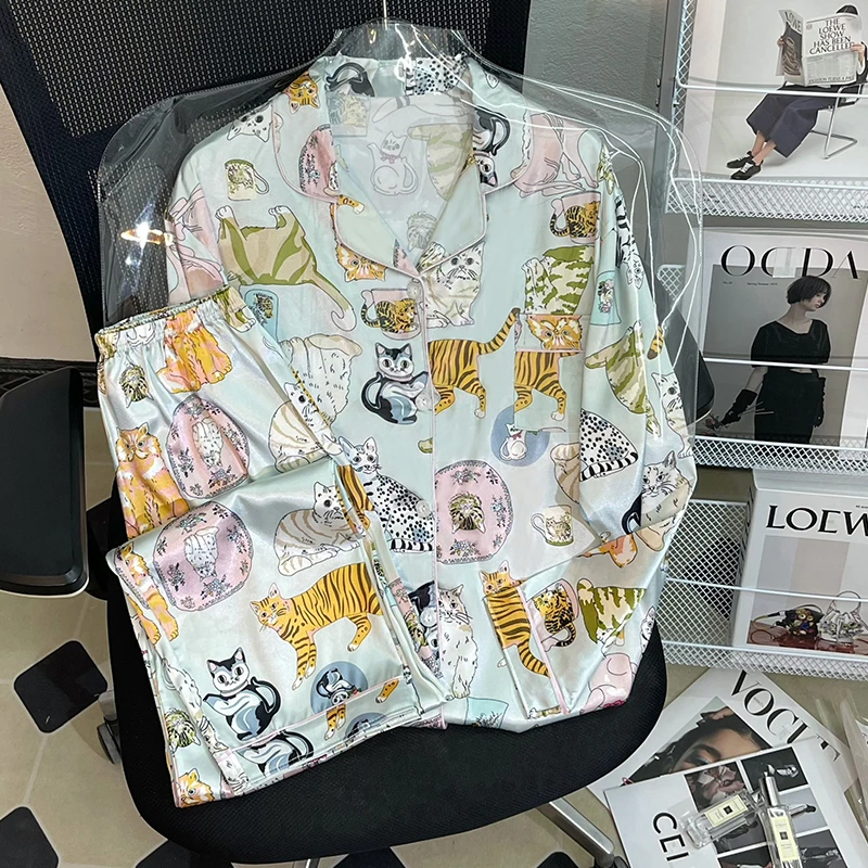 CAIYIER Colorful Animals Nightwear Suit Womens Long Sleeve Trousers Pyjamas Ladies Cardigan Fashion Ice Silk Sleepwear Home Wear