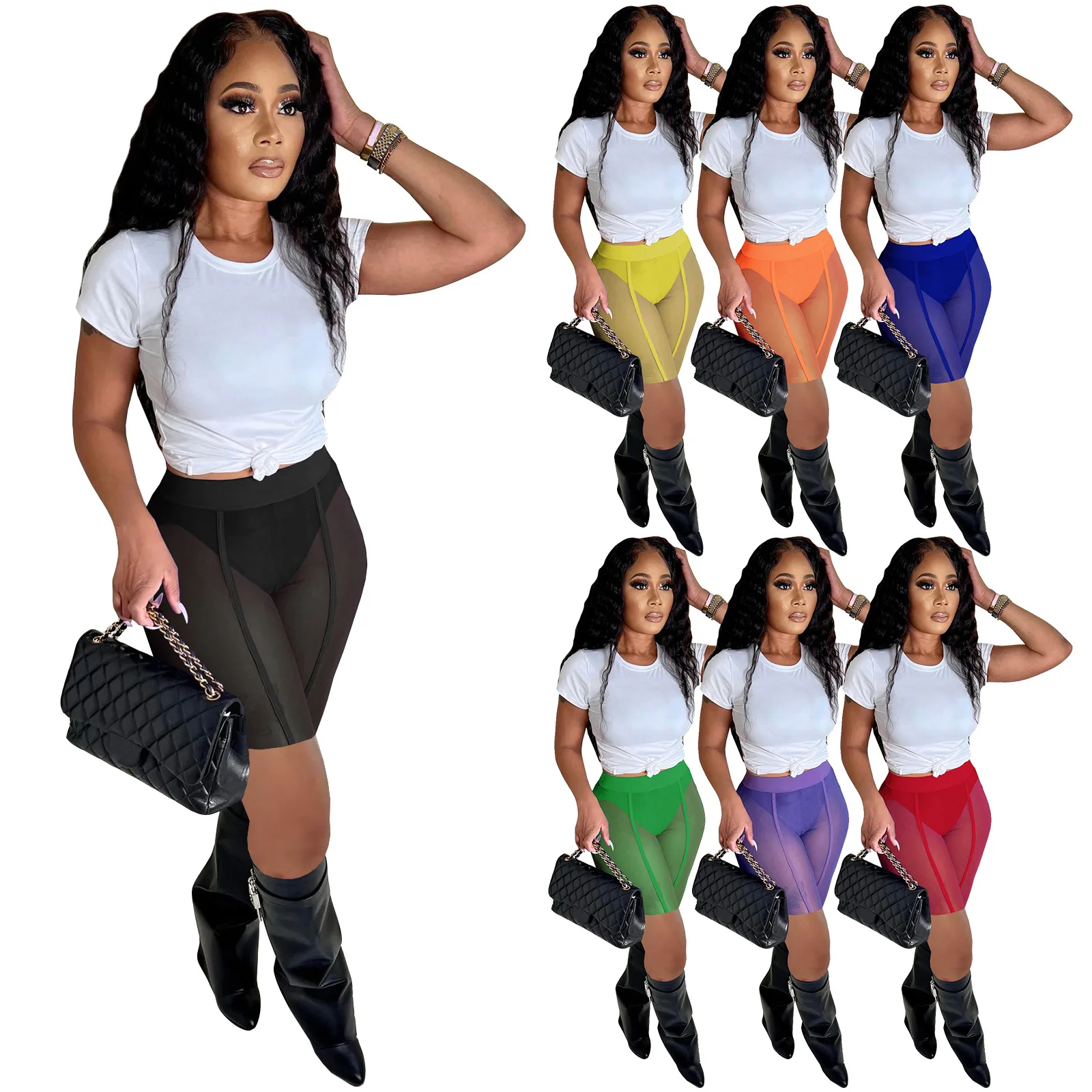 Pure Color Mesh High Waist Slim See Through Pants Leggings Skinny Sexy Streetwear Casual Women Summer Sexy Club Wear Shorts Pant