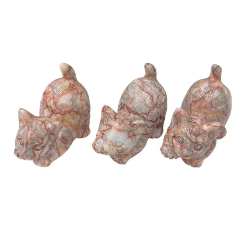 

1PC Natural Red Network Stone Cat Figurine Carved Crystal Animal Statue Sculpture Home Decoration