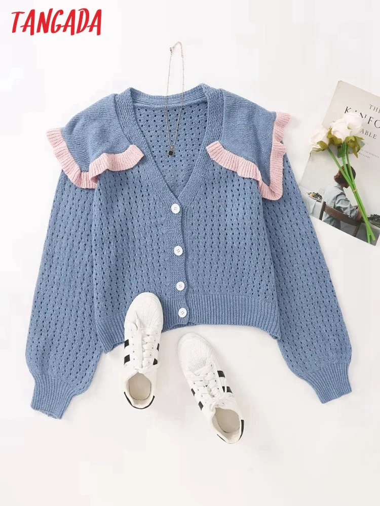 

Tangada women elegant oversized collar hollow cardigan vintage jumper 2022 knitted cardigan 2J2