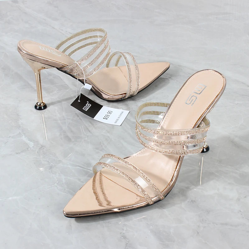 

2022 Summer Women's Sandals Fashion New Products Pointed Toe Open Toe Gold PVC Chain High Heel Women's Shoes Stiletto Party 10CM