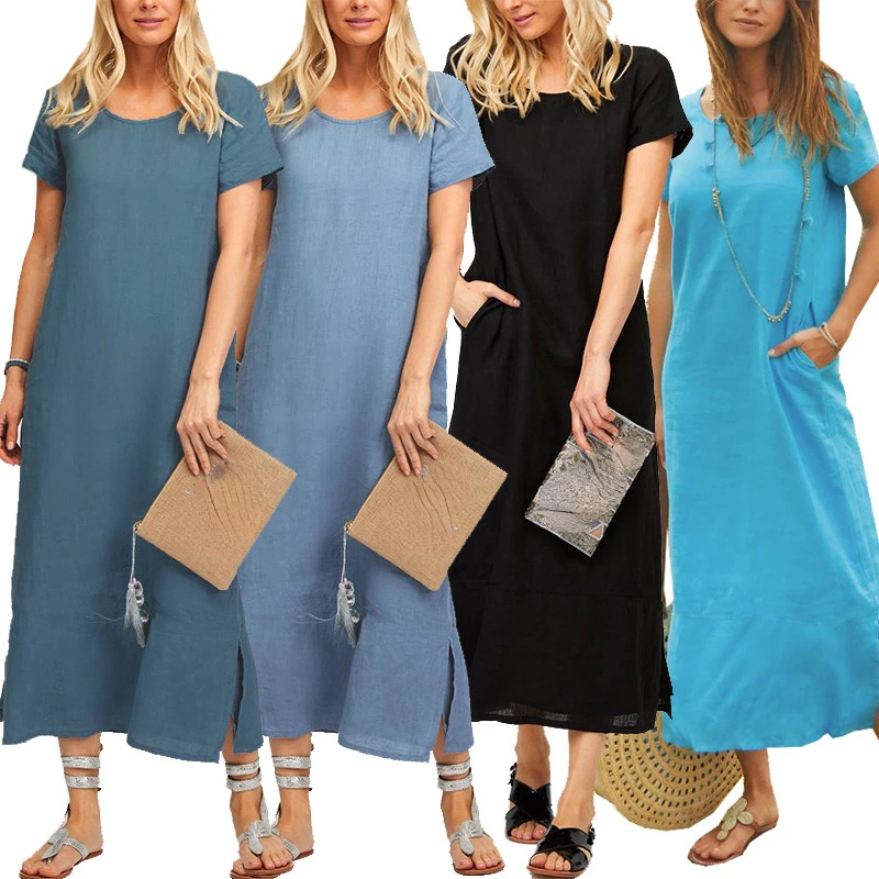 

Summer Women Clothing Cotton Linen Dress Loose Stitching Solid Color Cotton Linen O-neck Short Sleeve Mid-length Dresses Ladies