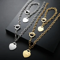 new heart pendant choker necklace for women men couple punk stainless steel chain bracelets female love heart charm jewelry set