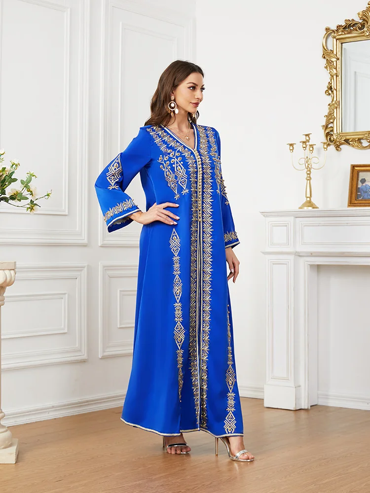 Blue Morocco Kaftan Dubai Turkey Evening Long Dress for Wedding Party Ramadan Muslin 2 Pieces Set with Belt Sunday Pentecost