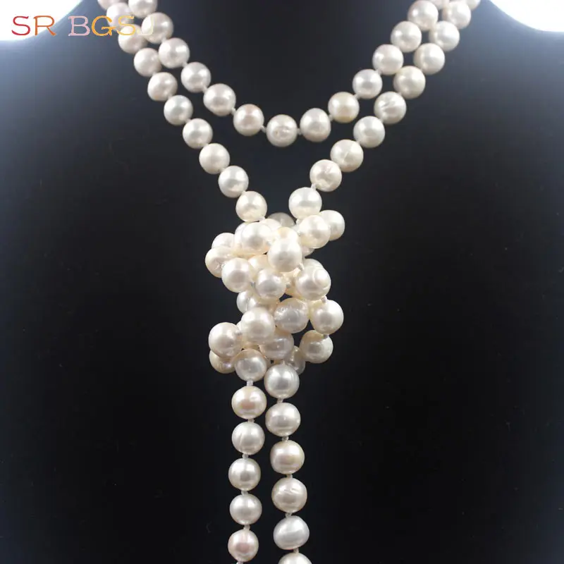 

9-10mm Nearly Round Freshwater Pearl Beads Knot Strand Pendant Woman Jewelry Long Necklace 47inch