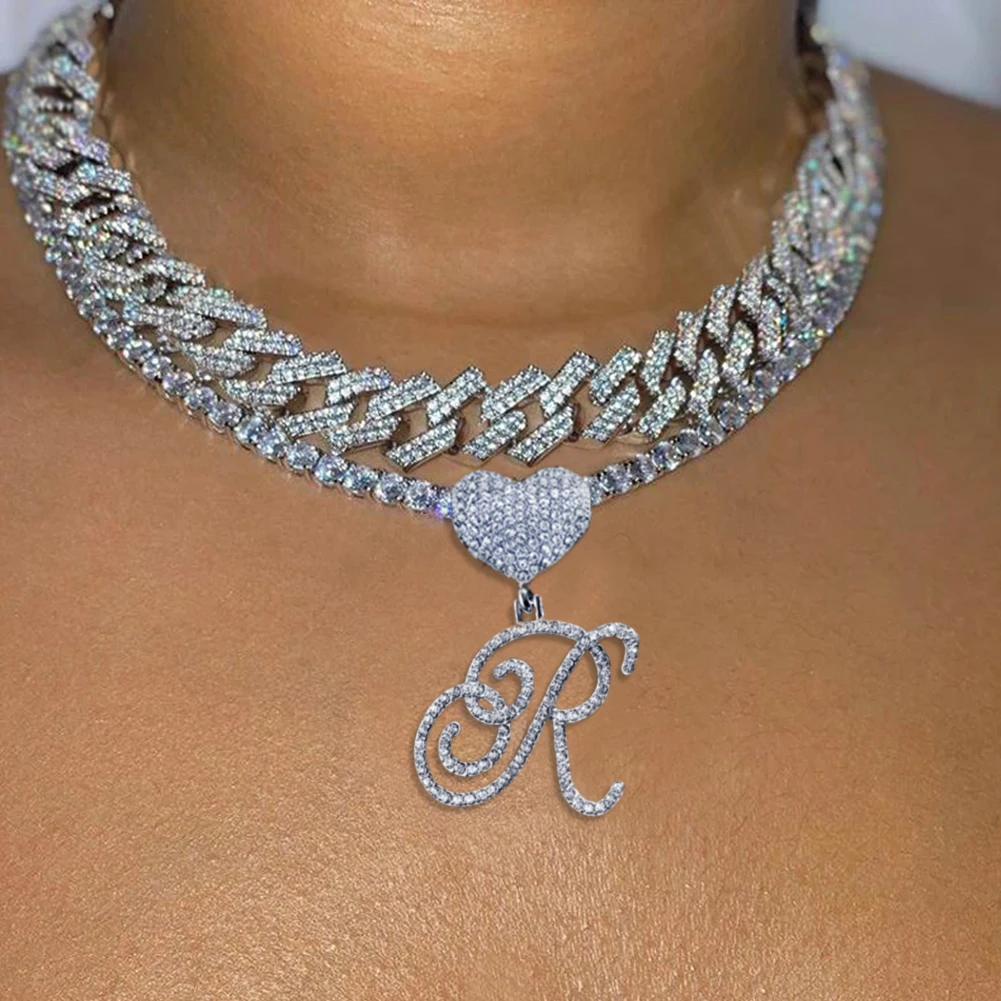 

Iced Out Cursive Letters Pendant Necklace For Women 14MM Prong Miami Cuban Link Chain 26 Initials Cuban Chain Hip Hop Jewelry