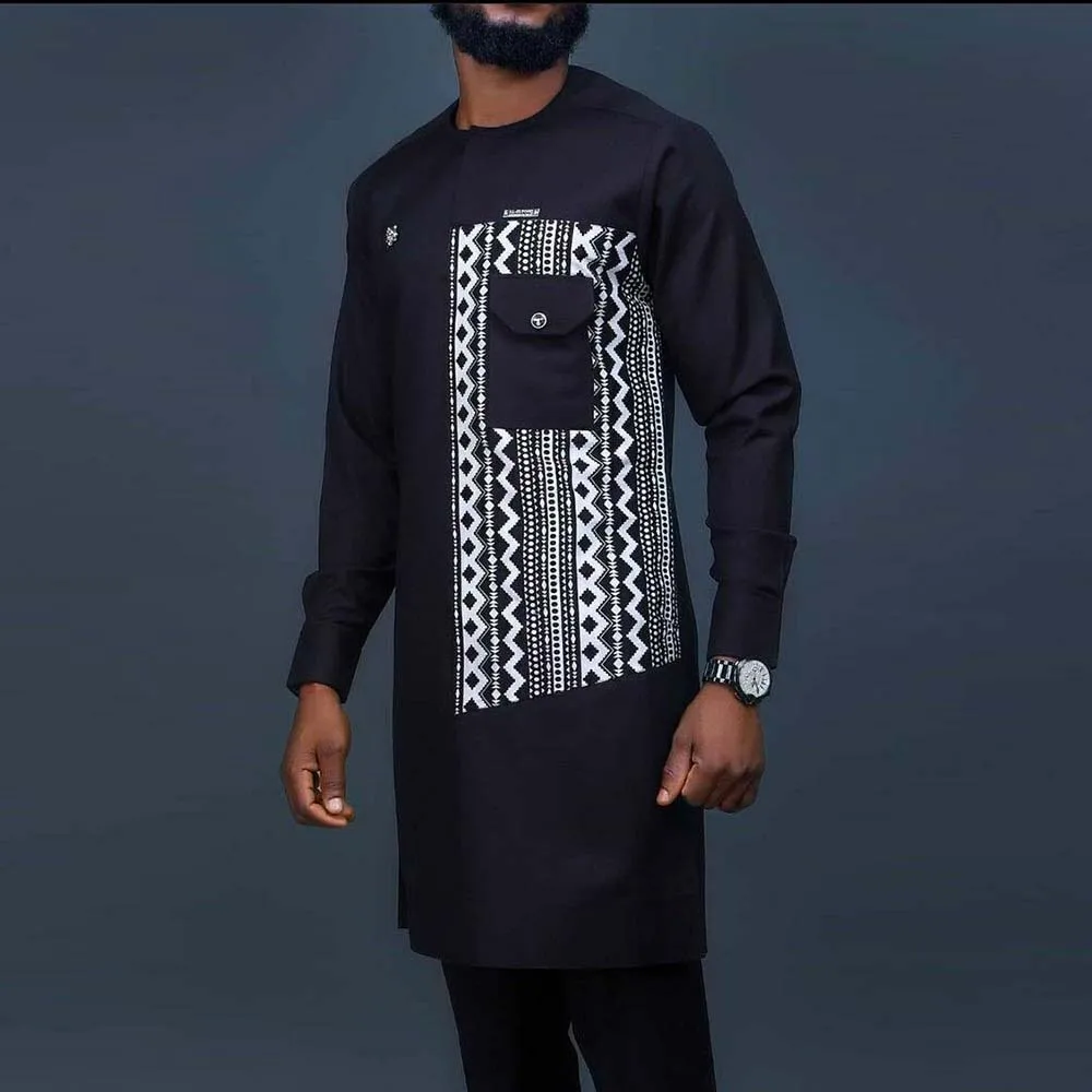 

Men Fashion Long Shirt Solid Color Strip Pocket Patchwork Long Sleeve Pullover Loose Round Neck Mid-length African Style Shirt