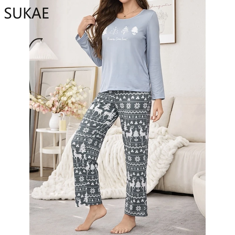 SUKAE хит продаж Рождественский осенний женский пижамный комплект длинные рукава