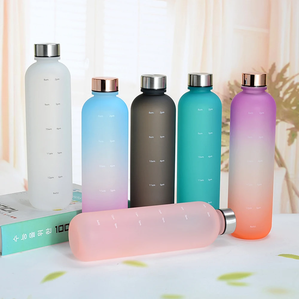 

1L Water Bottles For Girls Frosted Motivational Water Bottle With Time Marker Leakproof Outdoor Fitness Sport Drinking Bottle