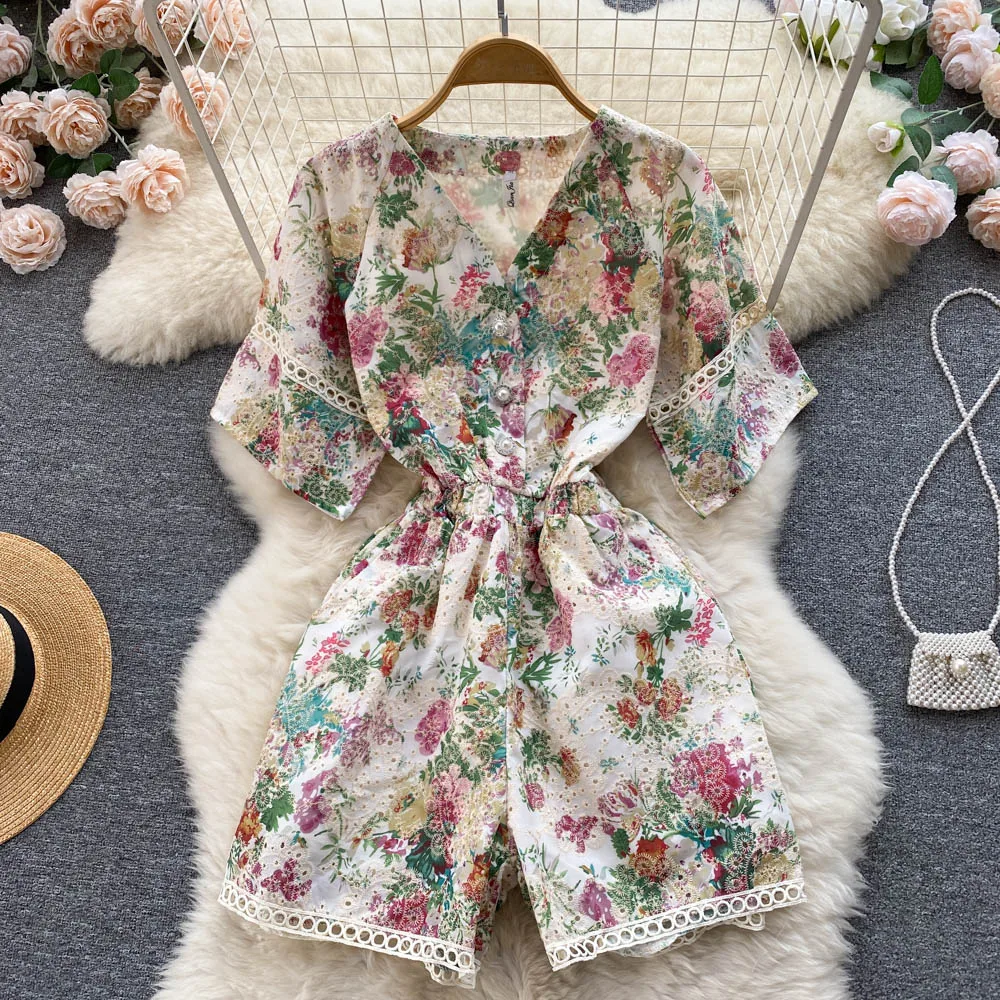 

Summer 2022 New French Retro Small Dress Fitted Waist Jumpsuit, Temperament Waist-Controlled Floral Wide-Leg Pants