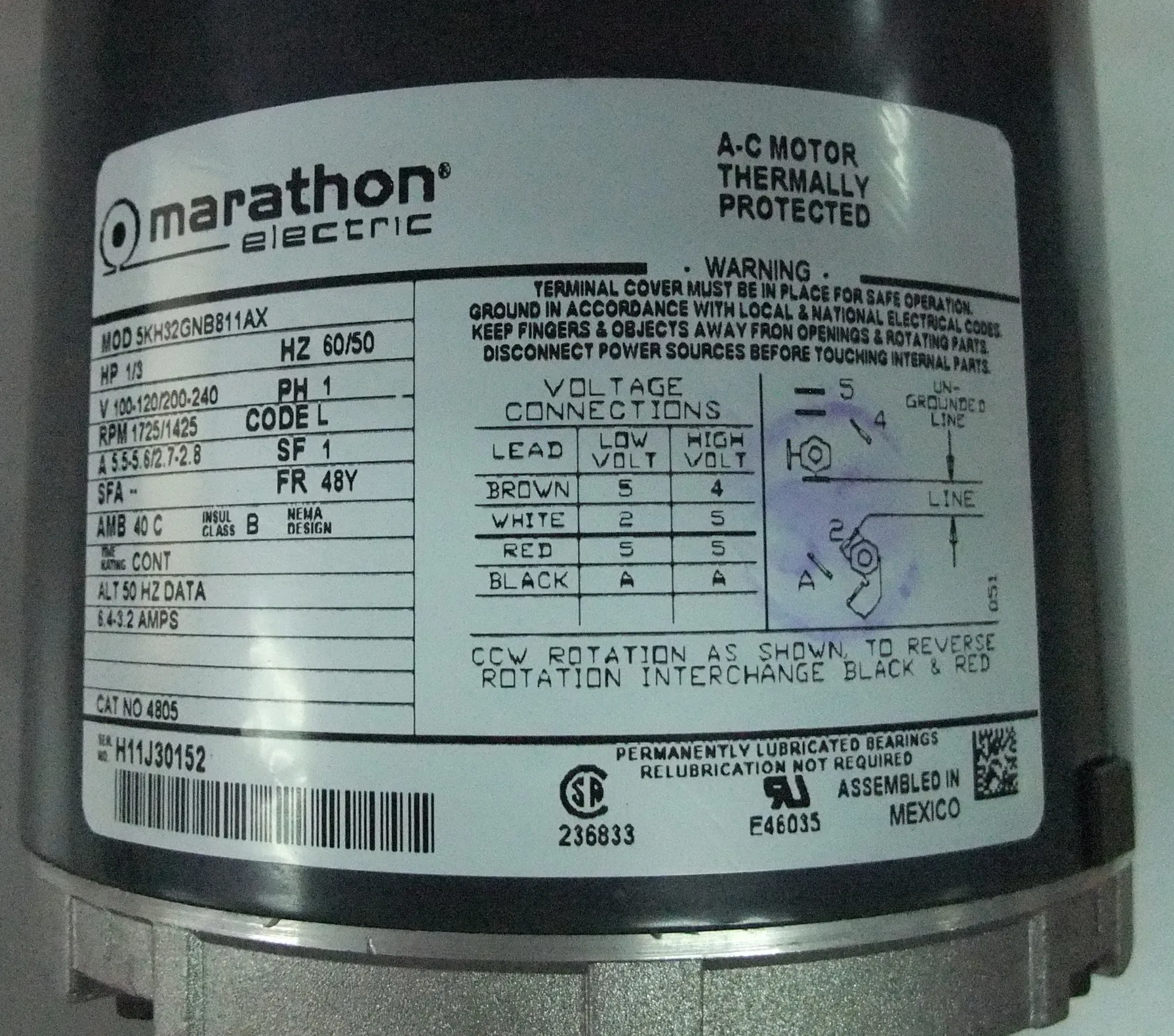 Мотор насоса карбонатора MARATHON ELECTRIC 4805 5KH32GNB811AX 1/3HP 110/220VAC 1PH 5KH32GNB811BX
