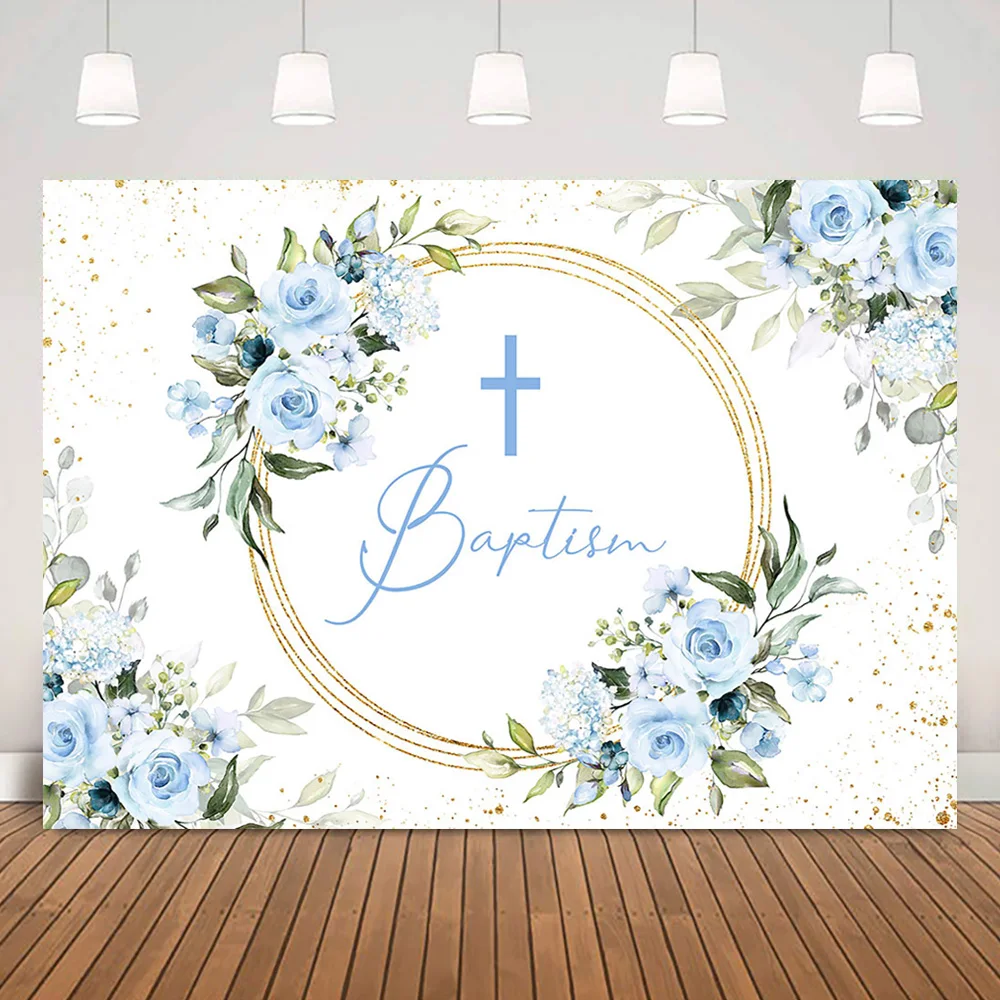 

Голубой крест крестин фон цветы и листья дети ребенок душ фон для детей золотые блестящие точки украшения вечерние НКИ