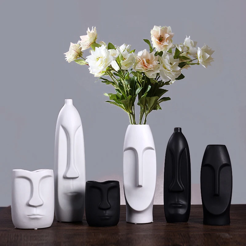 

Black Art Face Vase Modern Minimalist Ceramic Nordic Ornaments Vase Living Room Decorations Wazony Desk Decoration BS50HP