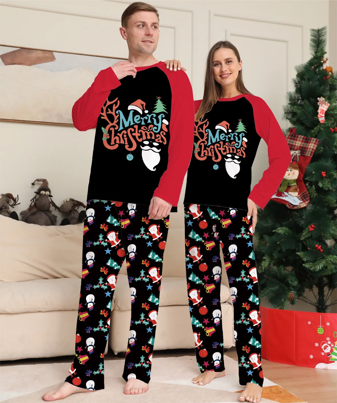 Christmas Clothing Parent-child Set European And American Cartoon Print Crew Neck Long Sleeve Holiday Pajamas