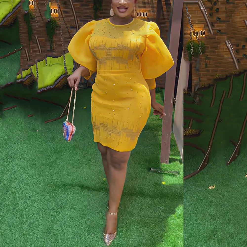 

Elegant African Ladies Dresses for Women Round Neck Puff Sleeve Bodycon Diamond Knee Length Luxury Birthday Party Dinner Dress