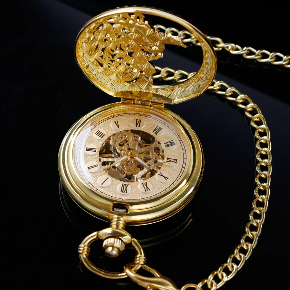 New Golden Red-Crowned Crane Sculpture Mechanical Pocket Watch Retro Hollow Case Simulated Skeleton Mens Mechanical Pocket Watch