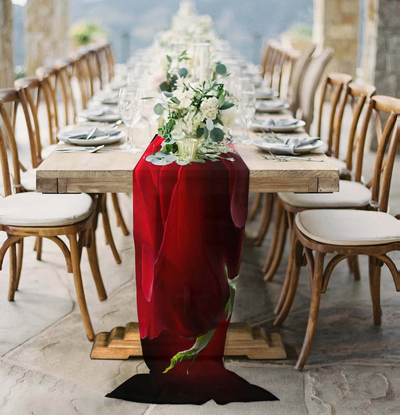 

Plant Red Rose Flower Chiffon Table Runner for Wedding Celebration Banquet Festival Party Backdrop Decor