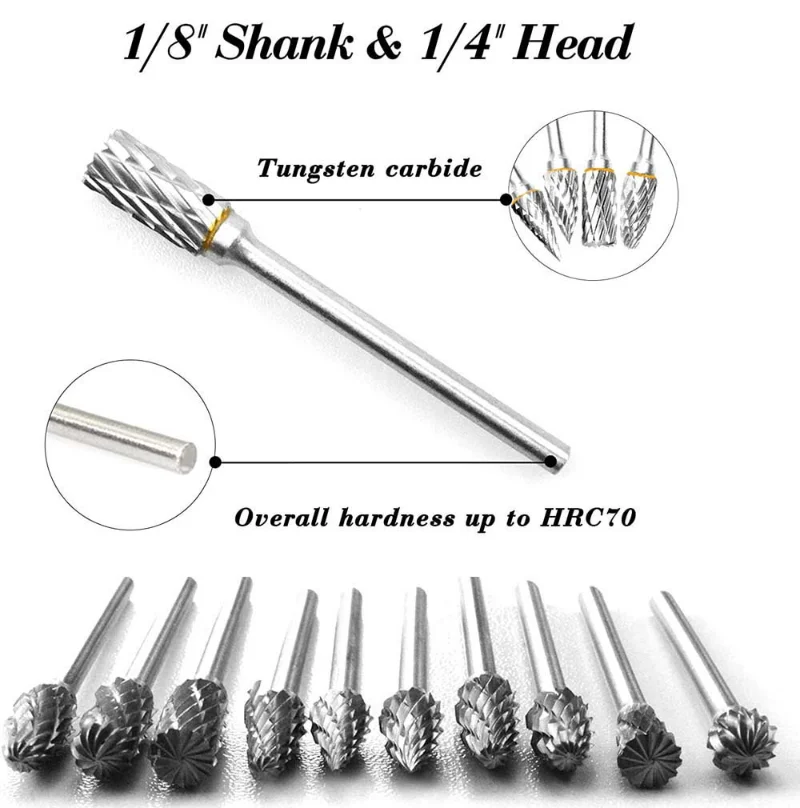 

10Pcs 1/8" Electric Grinding Shank Tungsten Carbide Milling Cutter Rotary Tool Burr Double Diamond Cut Rotary Dremel Tools