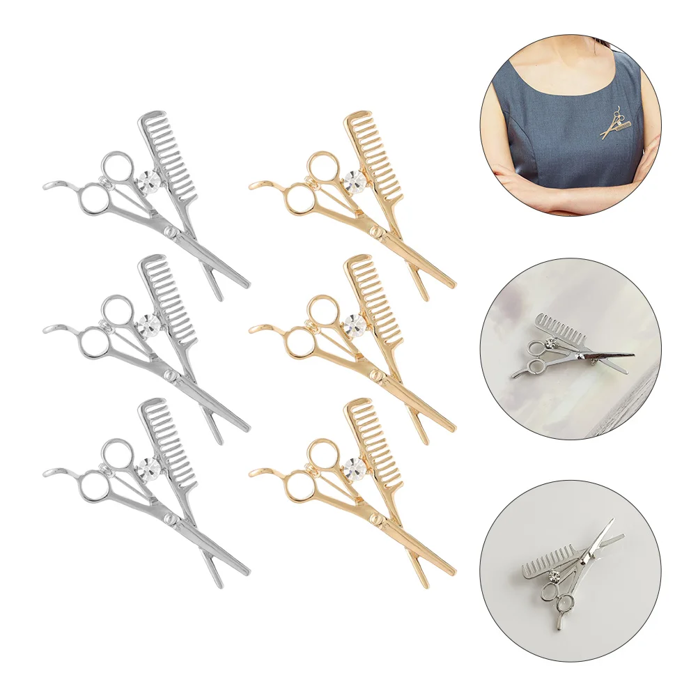 

6 Pcs Brooch Coat Lapel Pin Hairdresser Stylist Gift Crystal Gifts Mini Suit Accessories Scissors Comb Shape Party