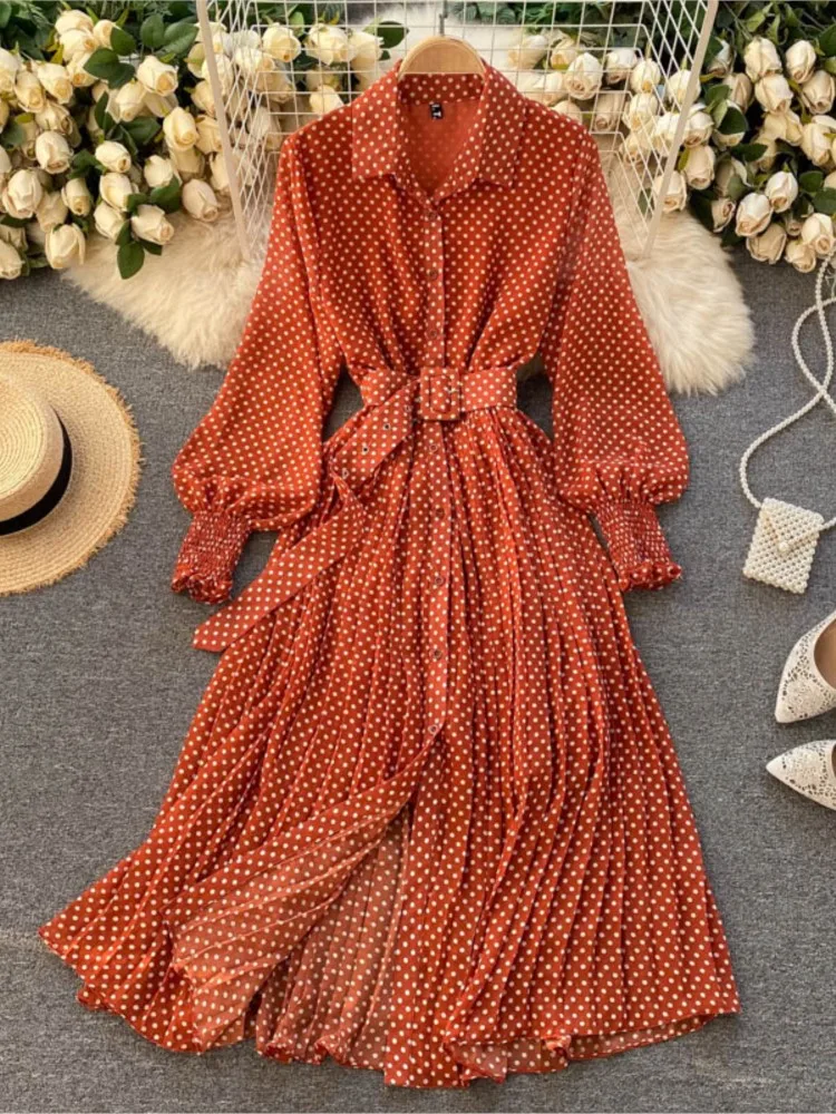 Spring Elegant Purple Women's Polka Dot Pleated Dress 2022 Korean Clothing Long Sleeve Vintage Chiffon Shirt Dress Female Robe
