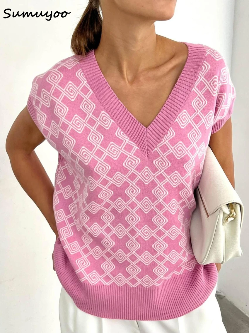 

Sumuyoo Women Loose Sweater Vest Antumn Winter Vneck Geometric Knitted Crop Top Ladies Casual Sleeveless Vest Sweater