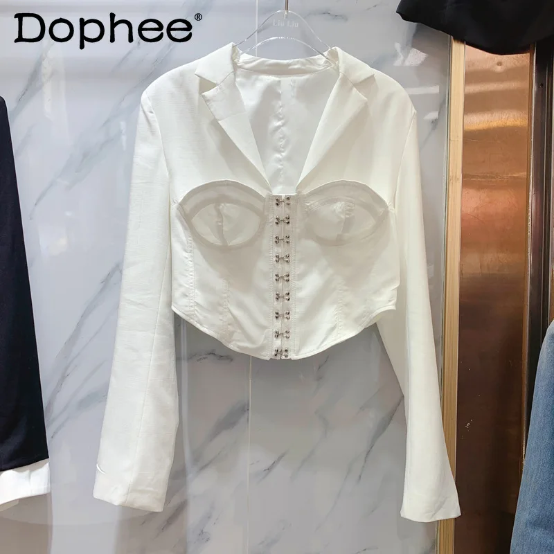 

2022 Spring New Chic Single-Breasted Wrapped Slim V-neck Long Sleeve Thin Crop Suit Women Irregular White Office Lady Blazer Top