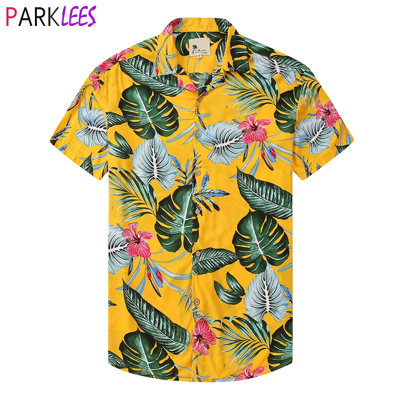 

Yellow Hawaiian Beach Shirt Men 2022 Fashion Leaves Printed Aloha Shirts Mens Casual Button Down Holiday Vacation Clothing 2XL