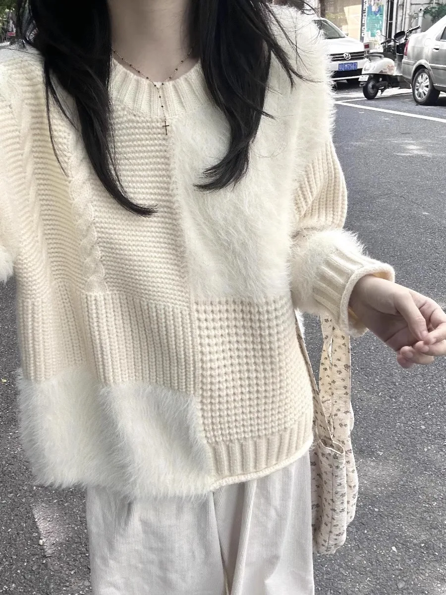 Французский белый лоскутный норковый бархатный вязаный свитер женский