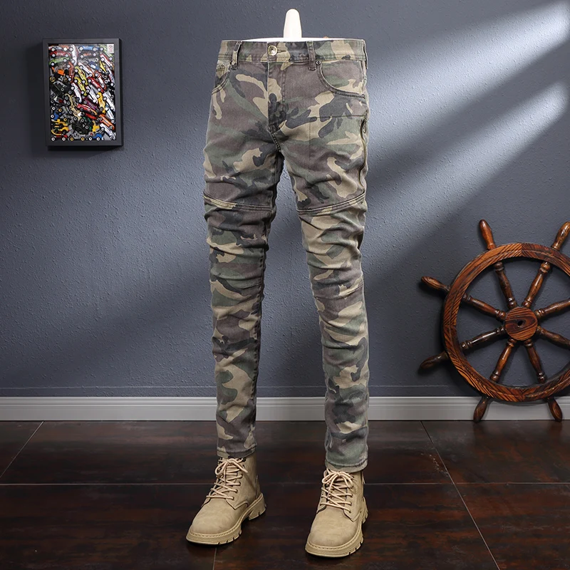 

Fashion Streetwear Men Jeans Camouflage Military Trousers Elastic Slim Spliced Designer Biker Jeans Homme Hip Hop Denim Pants