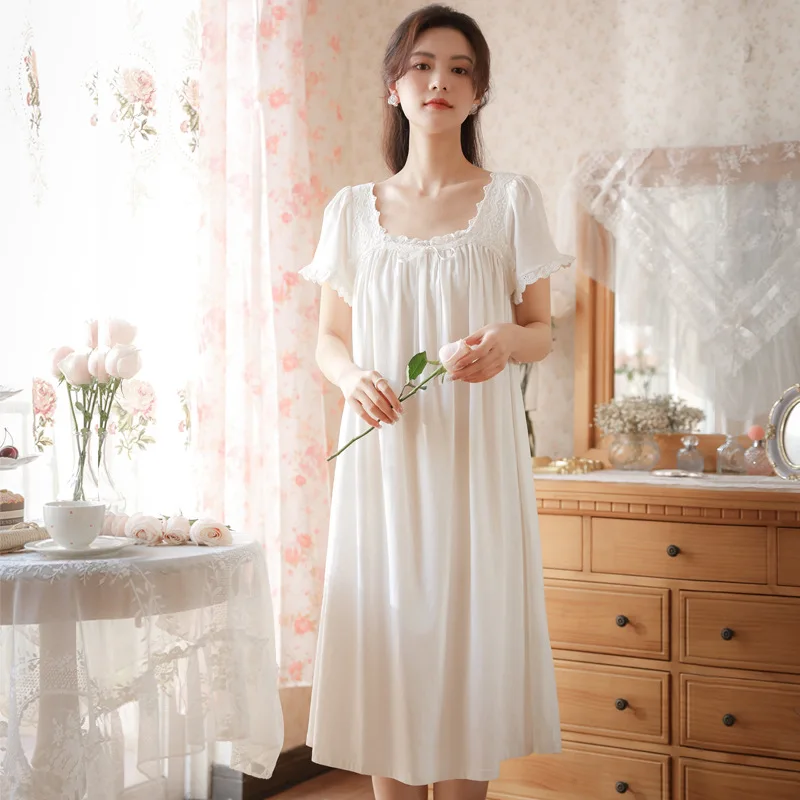Victorian Cotton Night Dress Women Summer Short Sleeve Sexy Lace White Peignoir Vintage Nightgowns Princess Sleepwear Home Wear