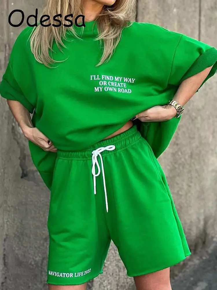 

Odessa Sporty Solid Letter Two Piece Set Women Loose Short Sleeve O-Neck Tee Tops+Adjustable Lace Up Shorts Suits Tracksuits Y2K