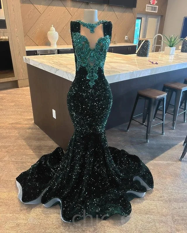 

Sparkle African American Prom Dresses Mermaid Sheer Velvet Beaded Black Girls Nigeria Robe De Soiree Evening Dresses Gown
